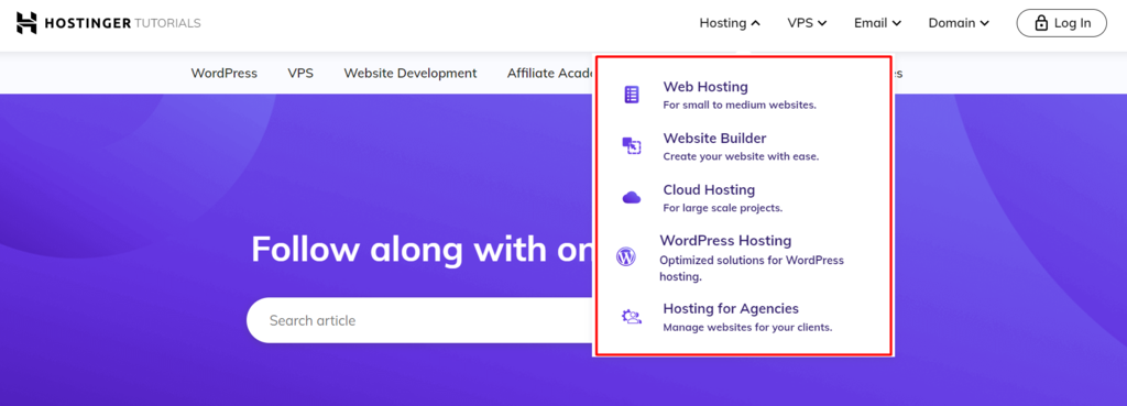 a drop-down menu on Hostinger Tutorials website