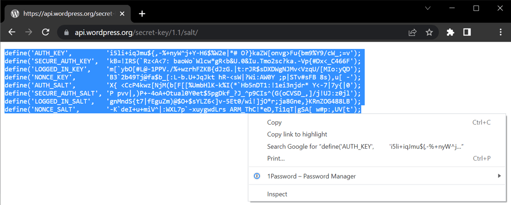 The WordPress salts keys right-click dropdown menu