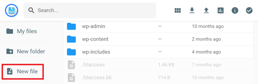The menu bar in the File Manager, showing how to create a New File inside public_html