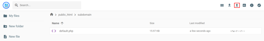Screenshot of a site's subdomain folder within the public_html folder on Hostinger hPanel's File Manager The subdomain folder in File Manager with the Upload icon highlighted