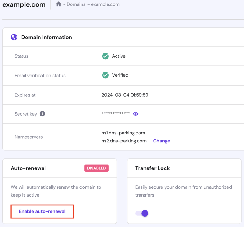 hPanel's Domains page, highlighting the auto-renewal feature