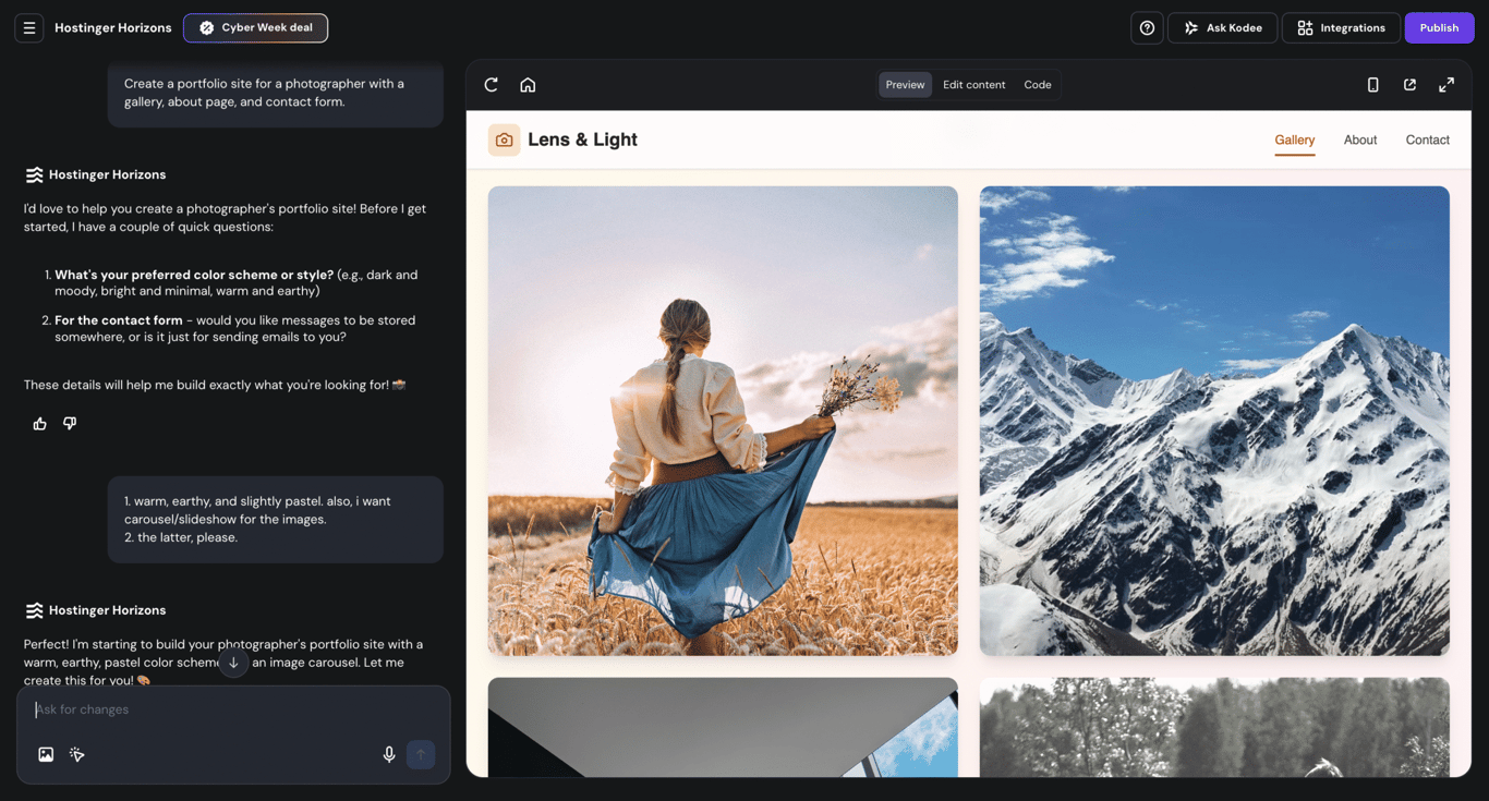 Hostinger Horizons' prompting and preview panes