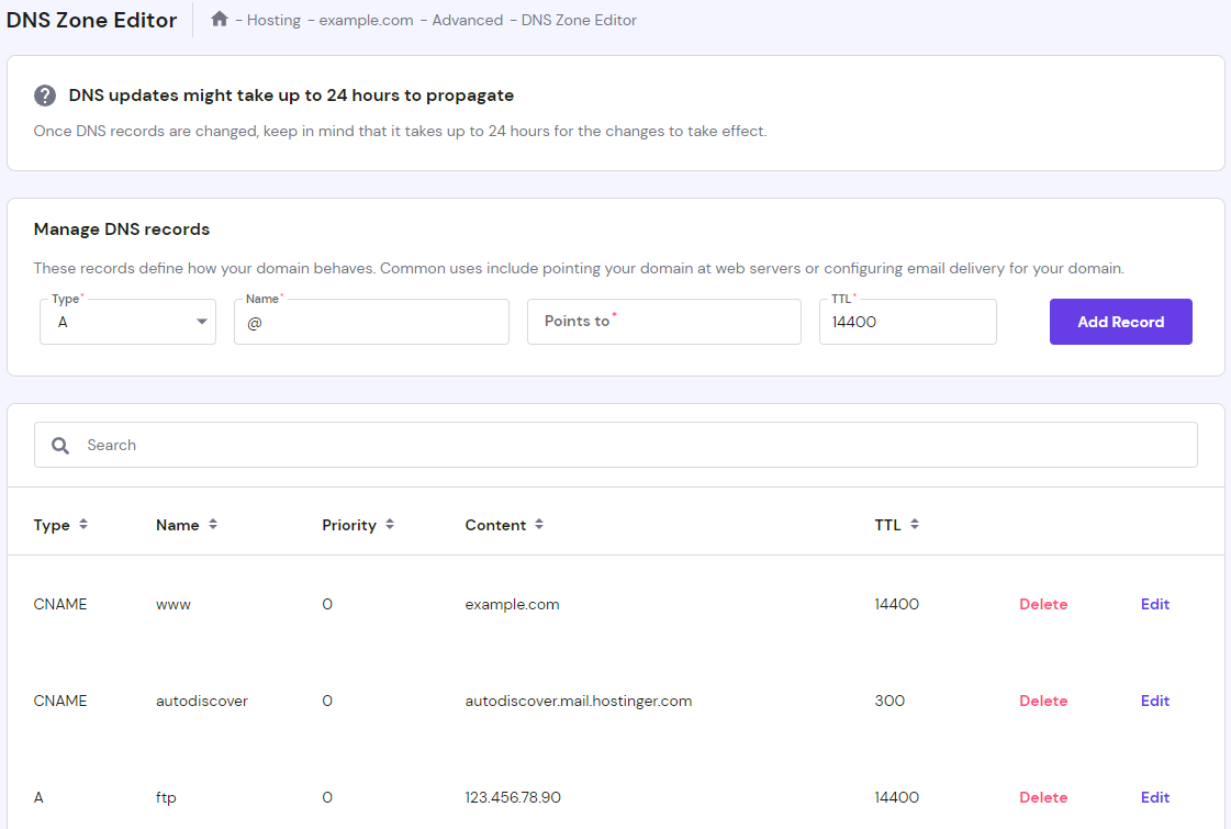 Screenshot of the Manage DNS records section on Hostinger hPanel's DNS Zone Editor page The main view of the DNS Zone Editor on hPanel