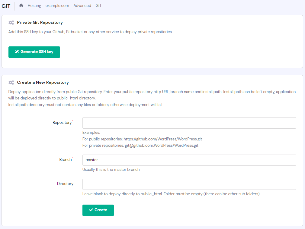 Configuring deployment settings in the Create a New Repository section 