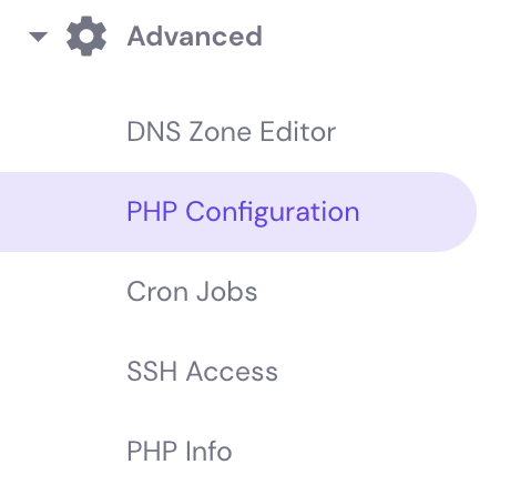 PHP Configuration section on hPanel
