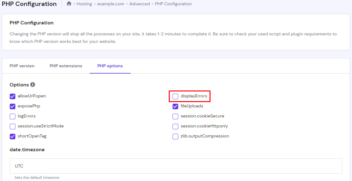 The displayErrors option in hPanel's PHP options menu
