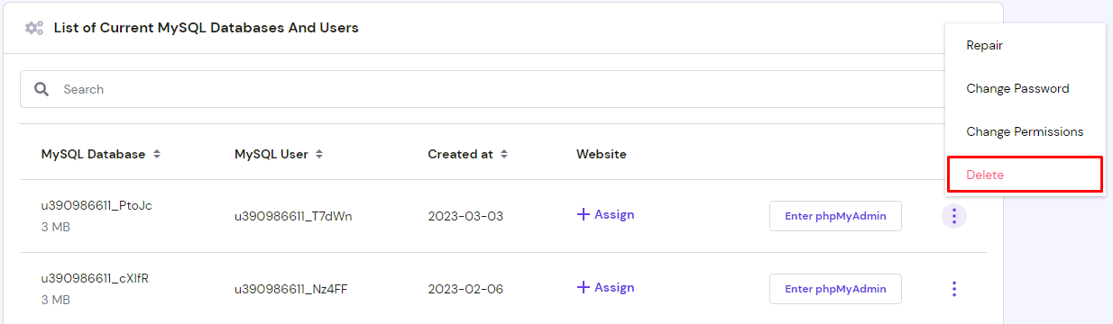 Hostinger hPanel Databases section with Delete database option highlighted