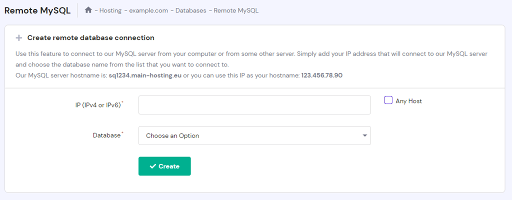 Create remote database connection section on hPanel