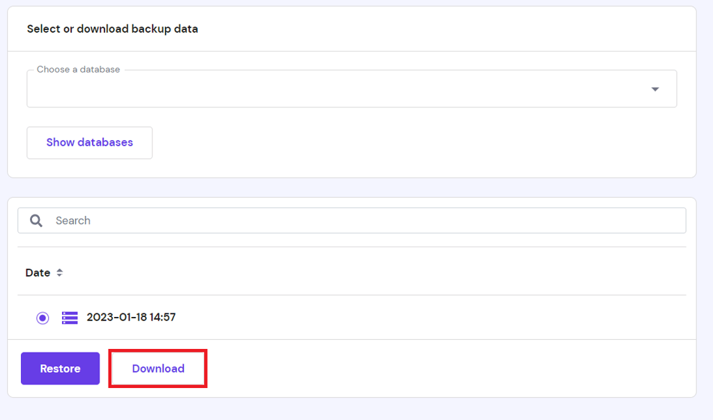 Screenshot from hPanel showing where to click to select Show databases and the Download button.