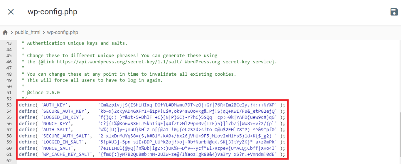 WP salts and secret keys example found in the wp-config.php file.