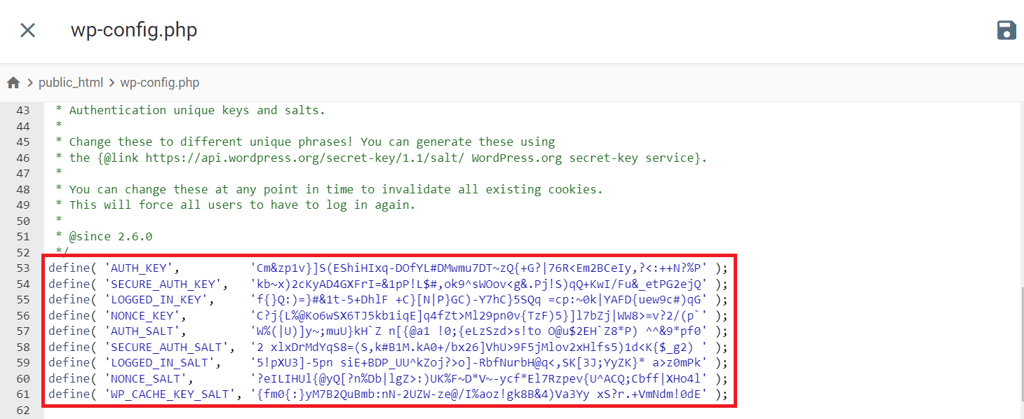 WP salts and secret keys example found in the wp-config.php file.