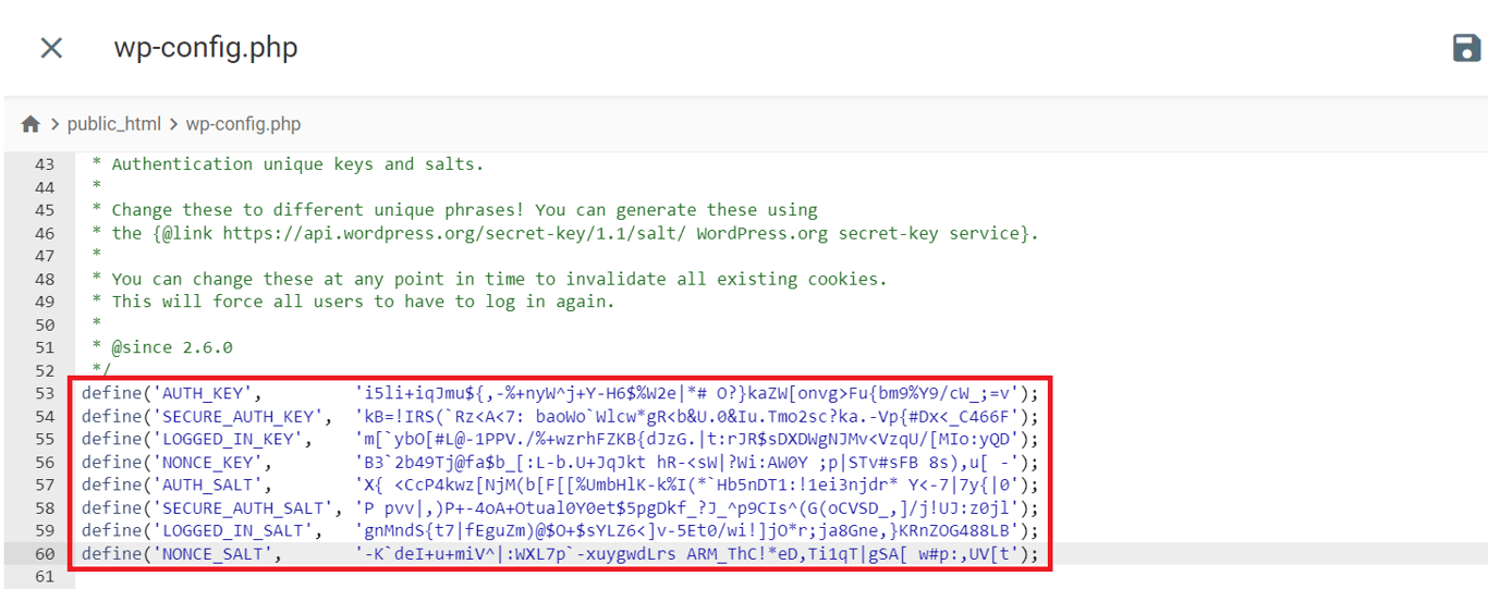 The new WordPress salts and security keys in the wp-config.php file
