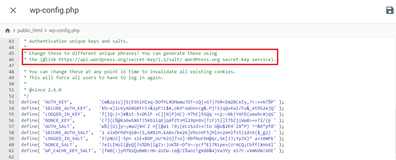 The WordPress salts and secret keys generation link location in the wp-config.php file.