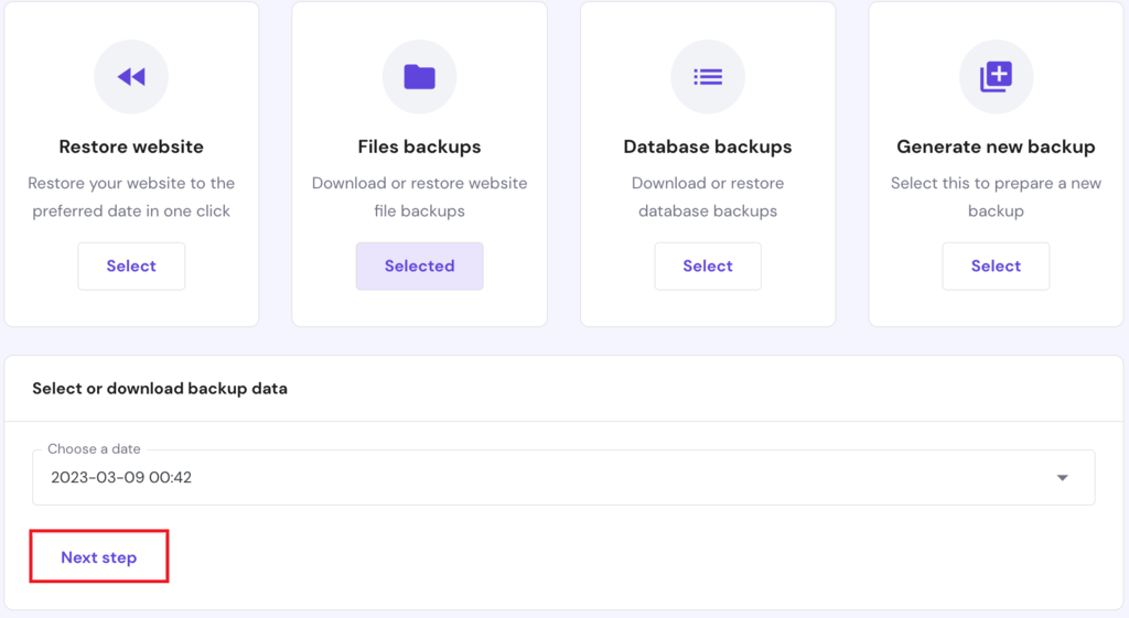 The hPanel Files backups screen with the Next step button highlighted