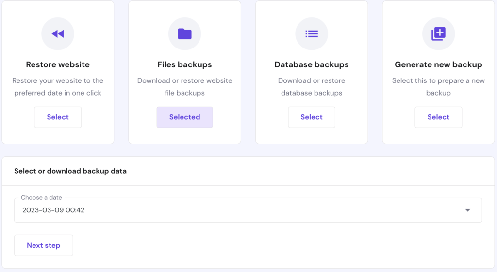 The backups section on hPanel. The file backups are selected