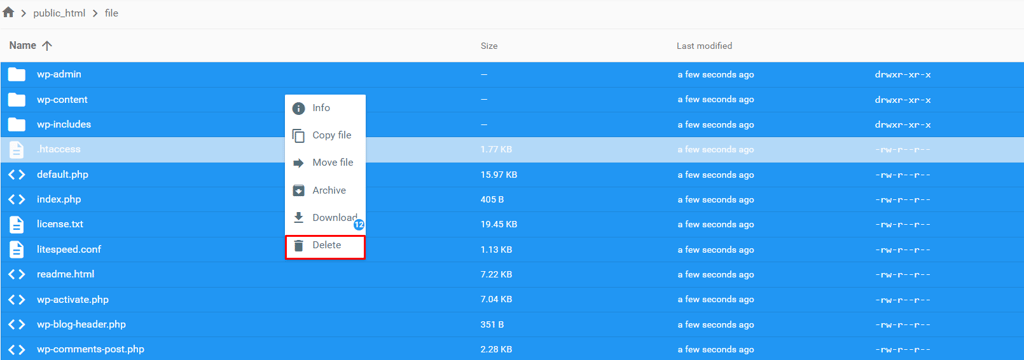 The public_html directory on hPanel's File Manager with the Delete option highlighted