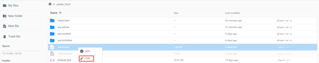 The public_html directory on hPanel with the Edit option highlighted