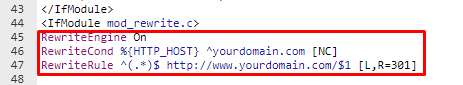 RewriteEngine On code line highlighted along with the inserted code.