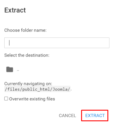 The Extract pop-up window on hPanel's File Manager, highlighting the Extract option
