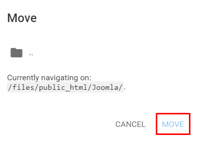 The Move pop-up window on hPanel's File Manager with the Move button highlighted