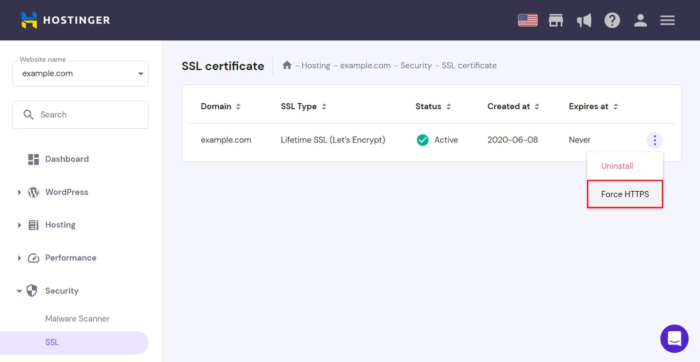 Selecting Force HTTPS on a domain on the Security page of hPanel