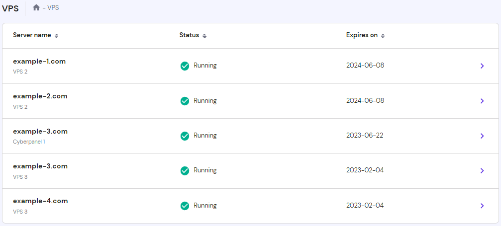 The main hPanel VPS page