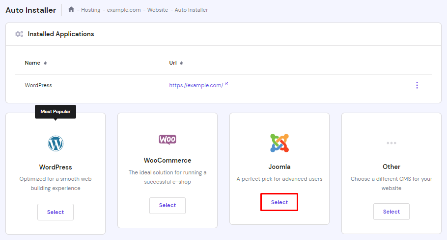 hPanel's Auto Installer highlighting the Select button