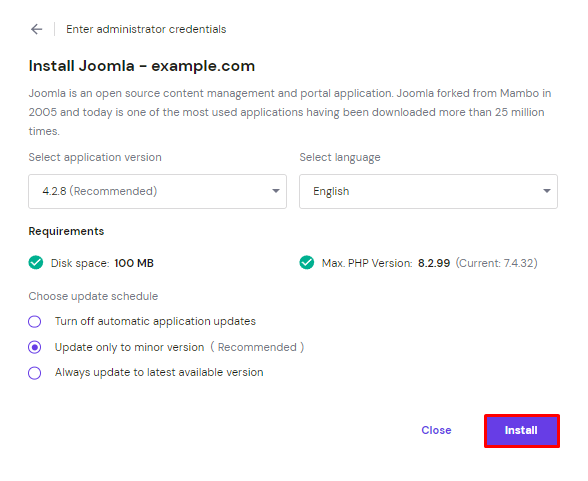 The Install Joomla pop-up window with the Install button highlighted