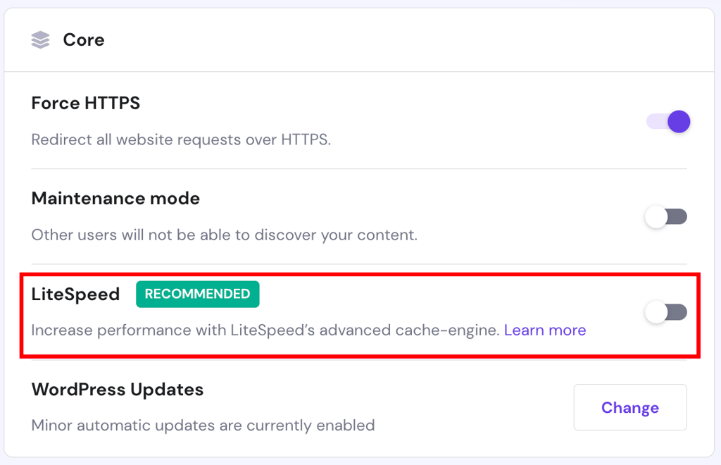 The WordPress overview page on hPanel. The enable LiteSpeed button is highlighted