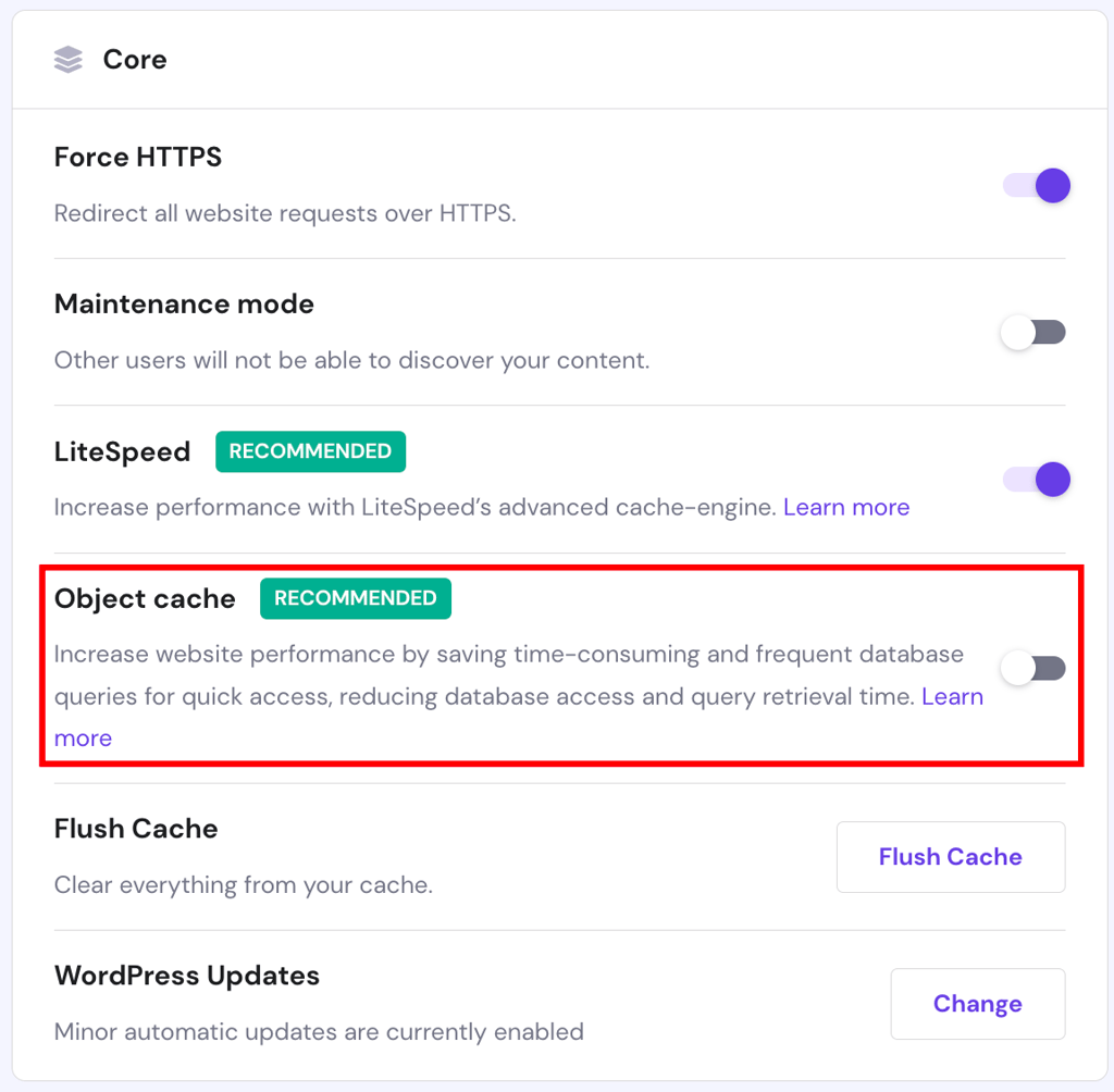 The WordPress overview page on hPanel. The enable Object cache button is highlighted