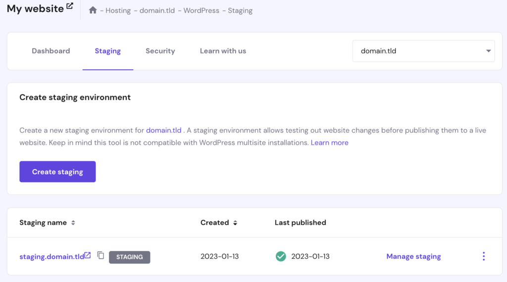 The WordPress staging page on hPanel