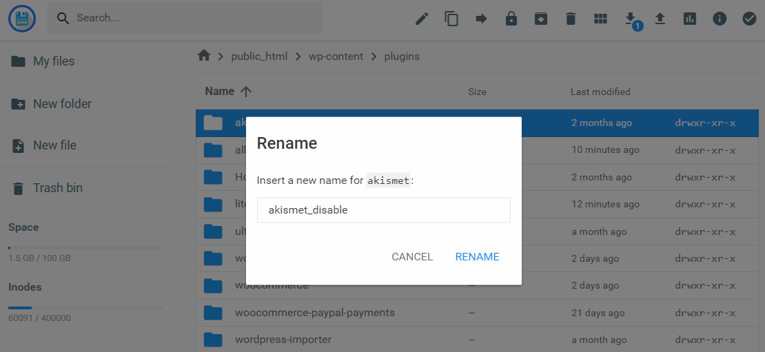 Renaming the plugin's folder in the file manager to disable the plugin