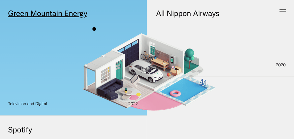peter-tarka Peter Tarka's portfolio homepage showing two isometric 3D art projects side by side, labeled by client with Green Mountain Energy on the left and All Nippon Airways on the right, with Spotify listed as a third project below