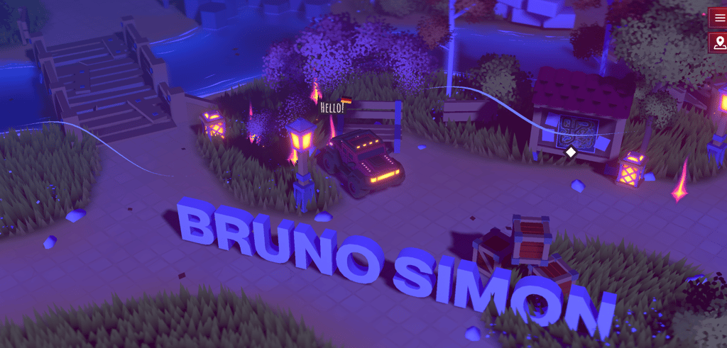bruno-simon Bruno Simon's 3D portfolio homepage showing a neon-lit game world in purple and blue tones with his name spelled out in large 3D letters on the ground, a driveable vehicle with a Hello speech bubble, and glowing lanterns and buildings throughout the environment