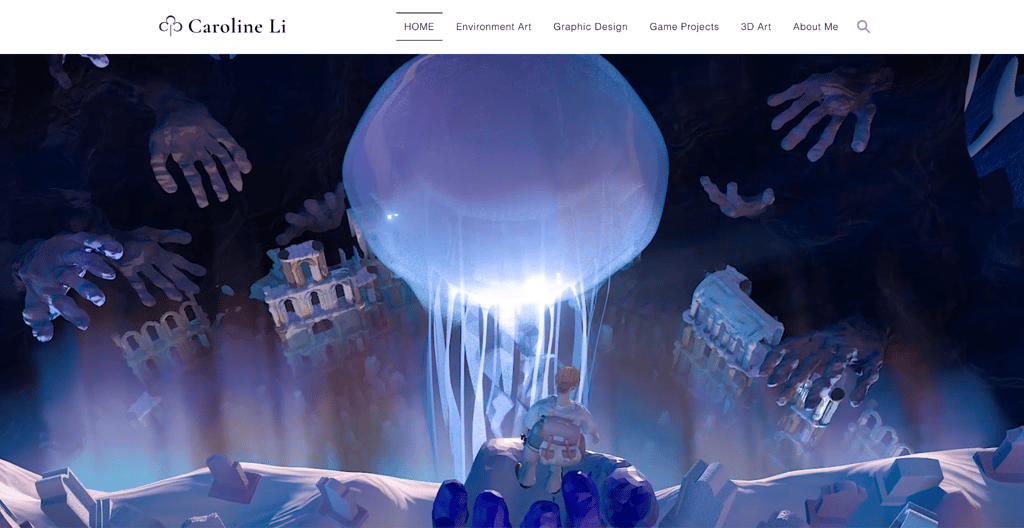 caroline-li Caroline Li's portfolio homepage featuring a dark atmospheric 3D environment art scene with glowing orbs, floating ruins, and ethereal reaching hands in purple and blue, with discipline navigation tabs showing Environment Art, Graphic Design, Game Projects, and 3D Art