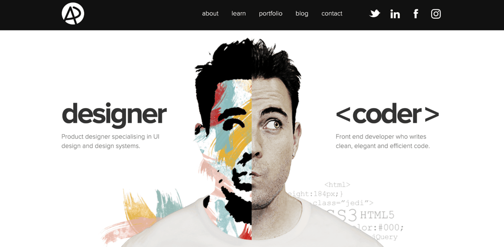 adham-dannaway Adham Dannaway's split-screen homepage with "designer" on the left beside an illustrated half of his face and "coder" on the right beside the realistic half, with code snippets faintly visible in the background