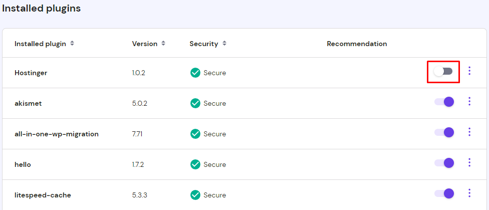 The toggles to activate or deactivate plugins from the hPanel