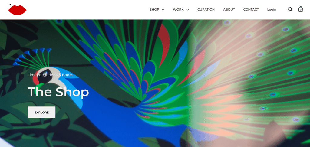 malika-favre Malika Favre's website homepage with a vivid full-bleed tropical bird illustration in bold greens, teals, and reds, overlaid with a shop section promoting her limited edition prints and books