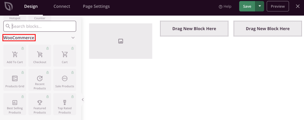 The WooCommerce blocks in SeedProd that enable you to create an interactive landing page for your eCommerce store