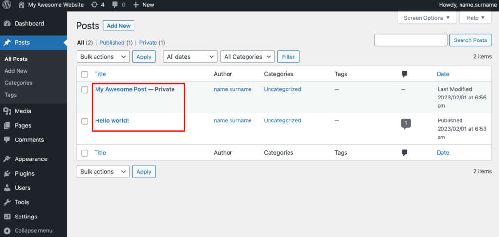 The Posts page on the WordPress dashboard. Highlight displays WordPress posts that are currently created