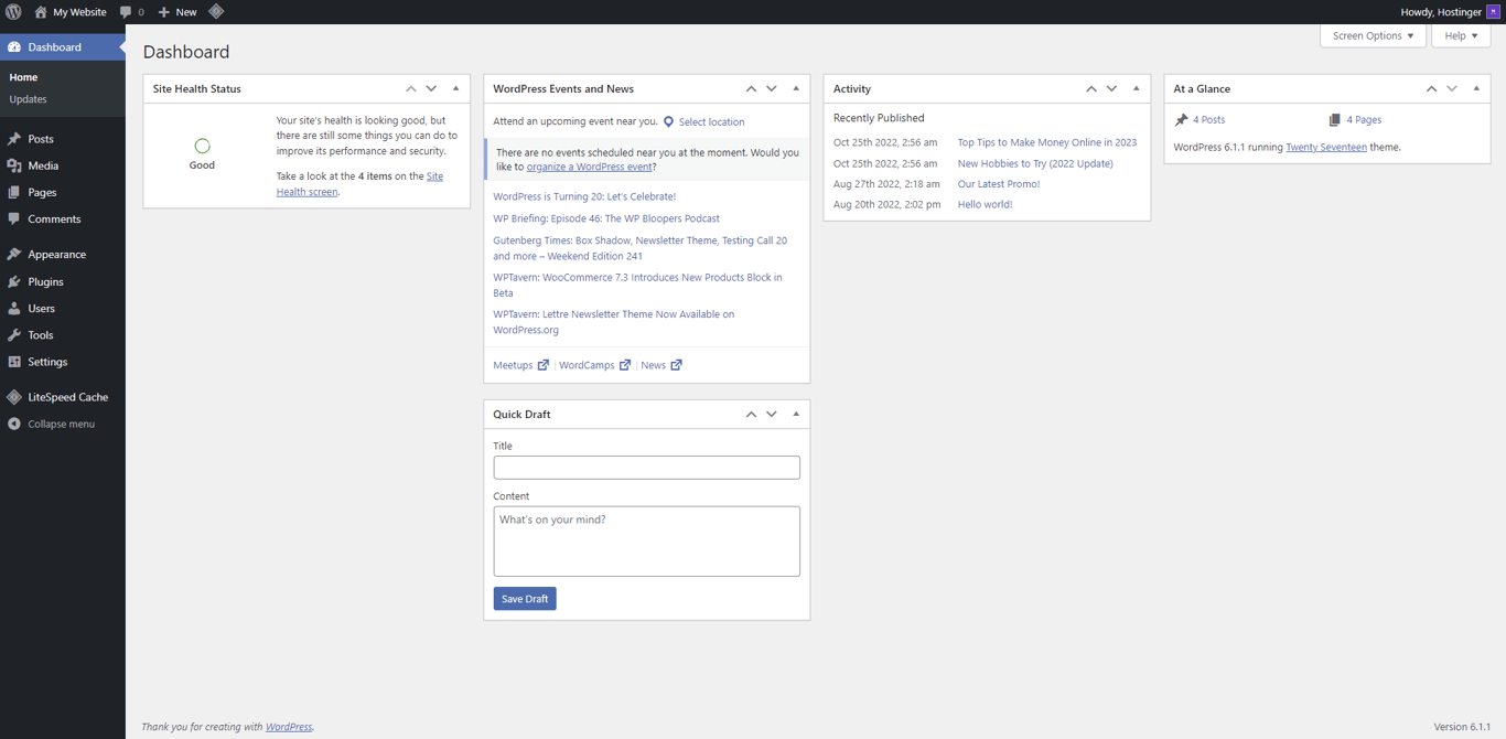 The WordPress dashboard shows widgets and a left sidebar.