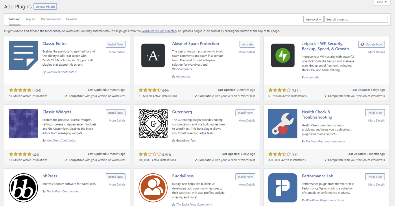 The WordPress plugin directory with a list of plugins.