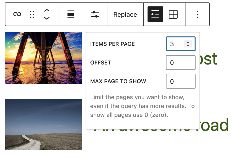 The block toolbar for the Query Loop block, Display settings window is open