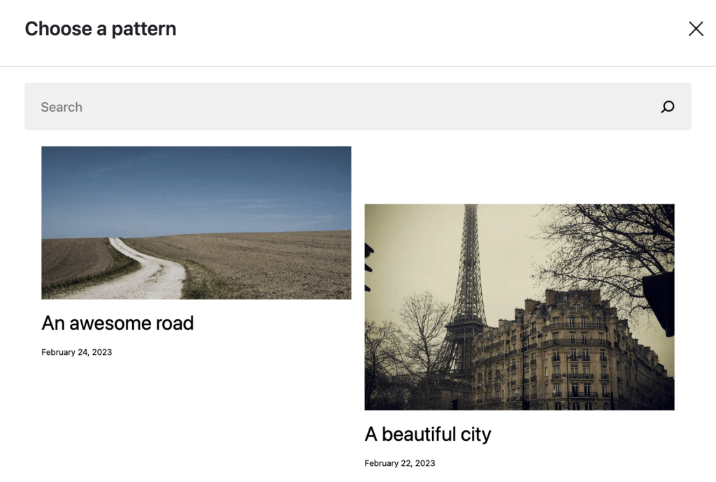 The choose pattern window for the Query Loop block