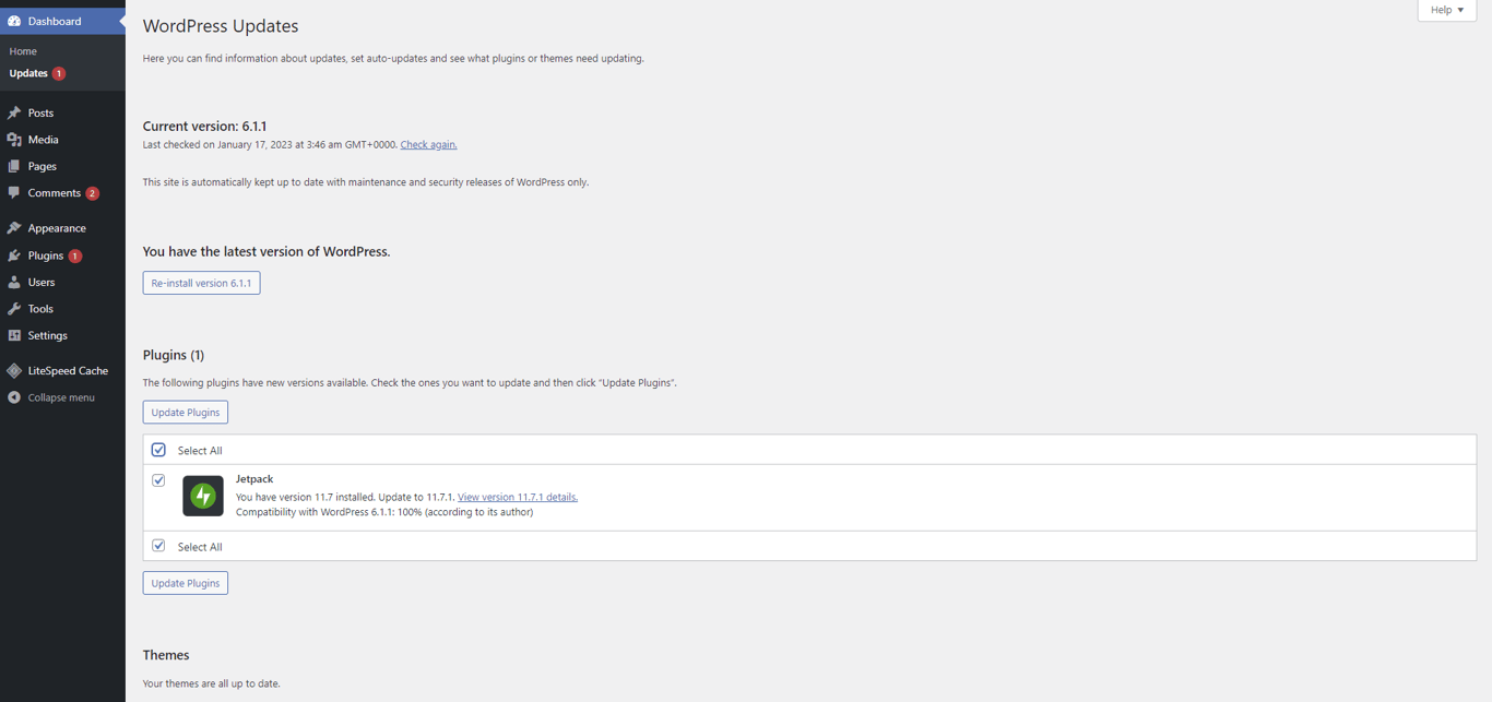 The Updates page displays one plugin update for Jetpack.
