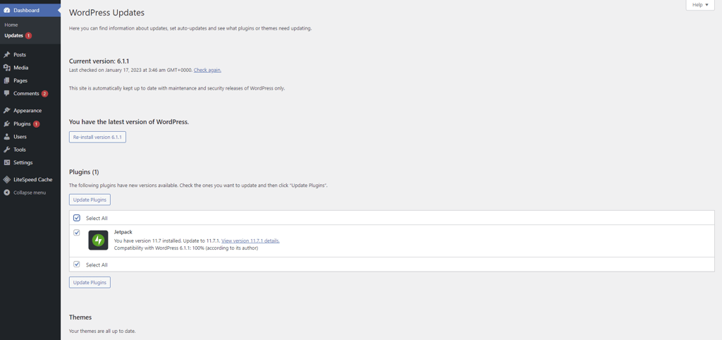 The Updates page displays one plugin update for Jetpack.