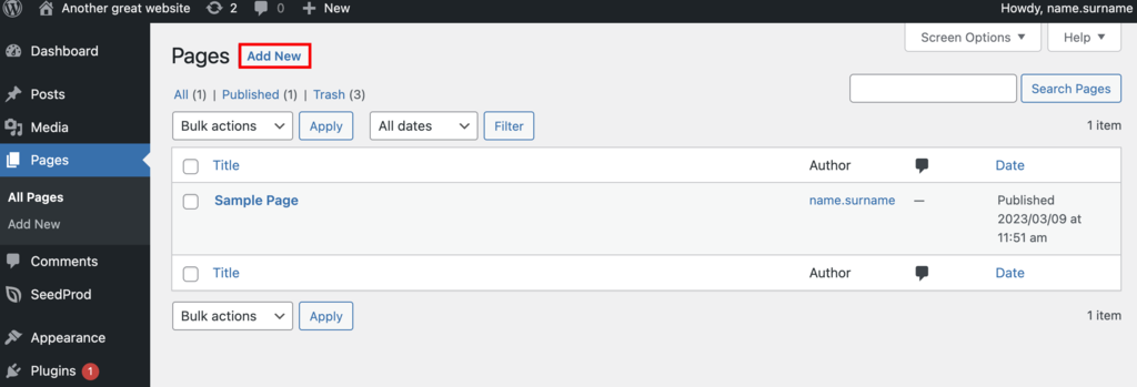 The pages menu on the WordPress dashboard where you can add a new page to your website