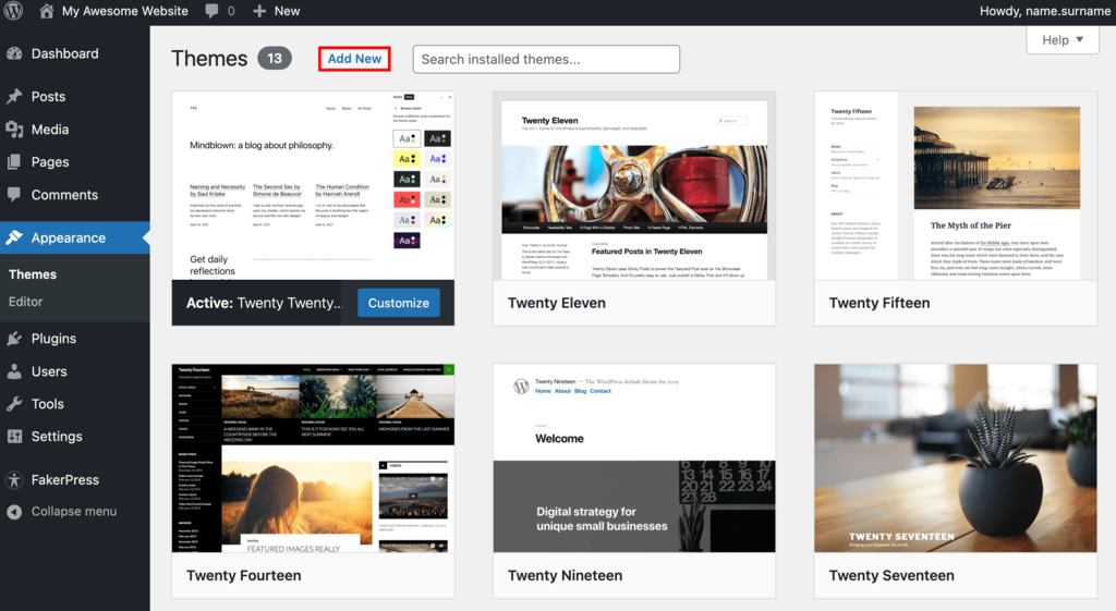 The Add new theme button on WordPress dashboard