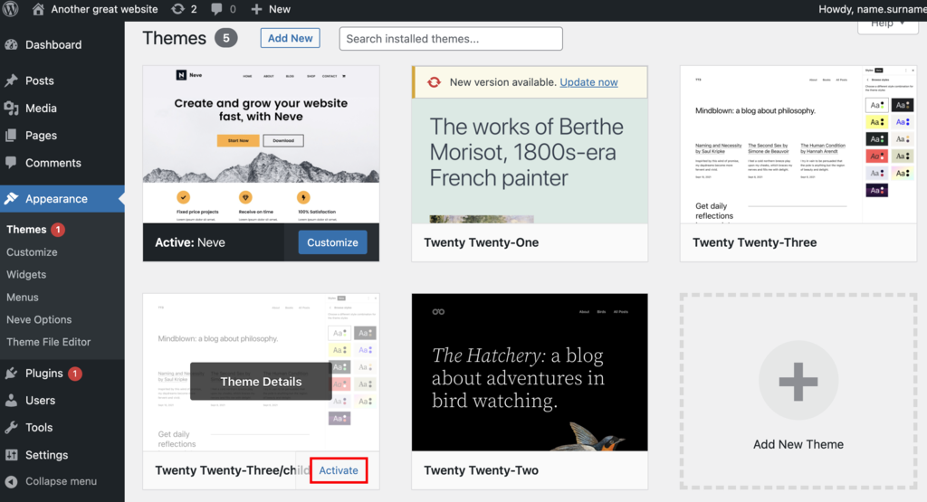 The WordPress themes menu where you can find your child theme and activate it