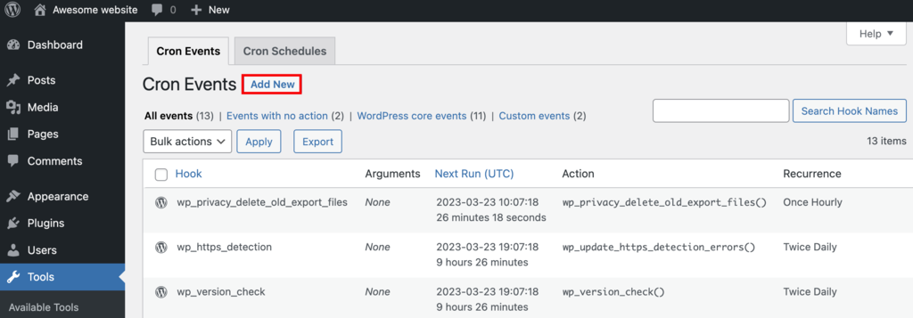 The Add New button can be found at the top of Cron Event's tab